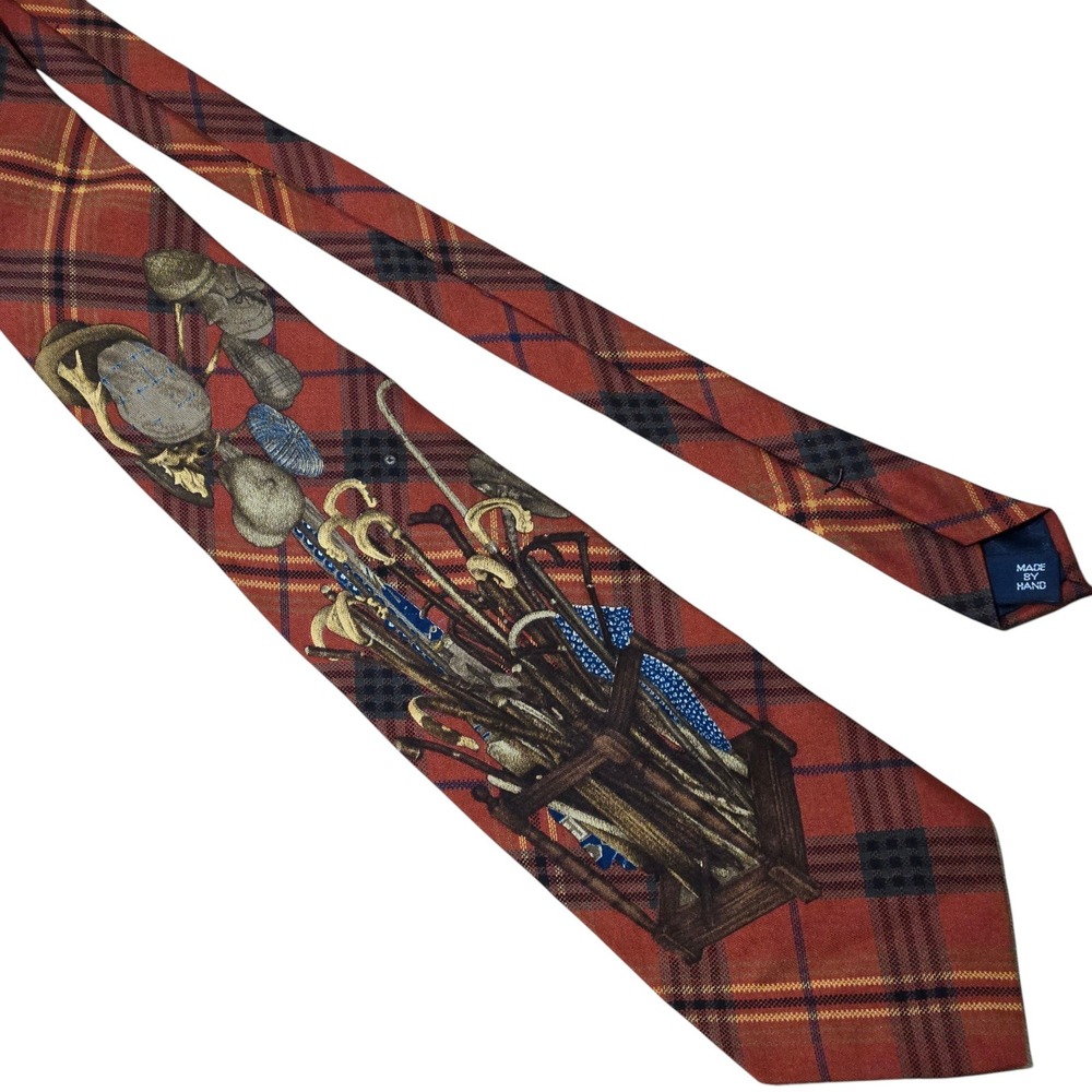 Polo Ralph Lauren Necktie Mens Red Plaid Walking Stick Umbrella Silk hand made